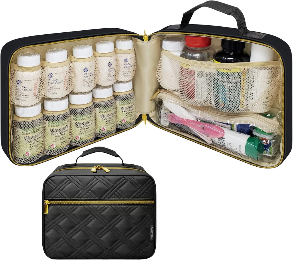 Stora Quilted Pill Bottle Organizer, Medicine Bag, Fall, Transportör för Mediciner, Vitaminer och Medicinska Supplies - Travel Medicine Organizer och Home Storage Med Bag - Svart (utan Lock)