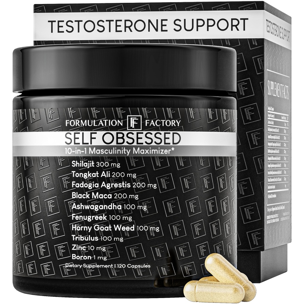 Formulering Factory Self Obsessed 10 i 1 Masculinity Maximizer Supplement, Shilajit för män, Tongkat Ali, Ashwaganda, Fenugreek Muscle Growth, Energy, Drive, Strength, Recovery 2 Month (Pack of 1)
