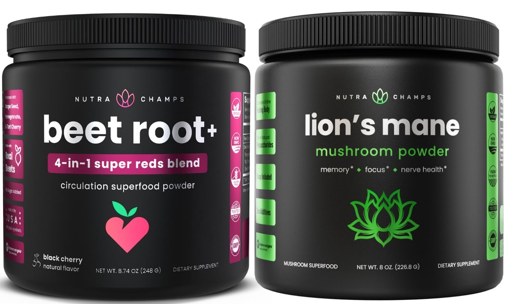 NutraChamps Beet Root Powder & Lion's Mane Powder. Kraftfull cirkulation & Adaptogen Blends
