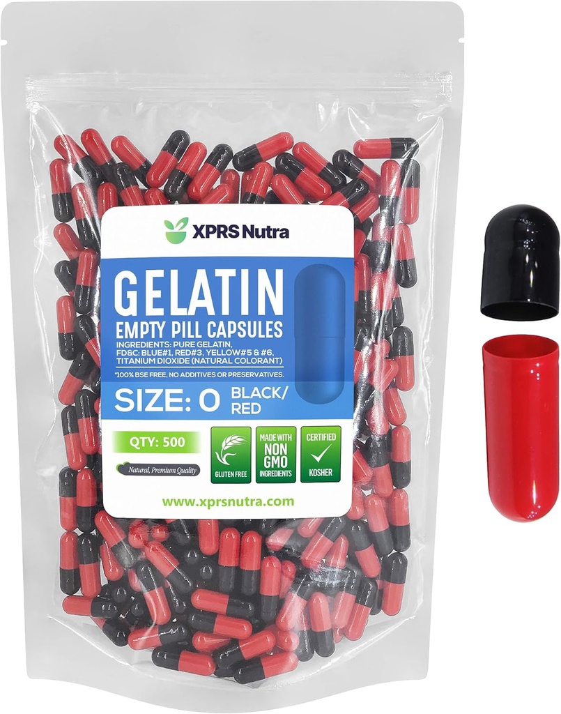 XPRS Nutra Size 0 Empty Capsules - 500 greve Empty Gelatin Capsules - Pills DIY Capsule Filling - Pure Bovine Pill Gel Caps for Do-It-Yourself Supplements (Black/Red)