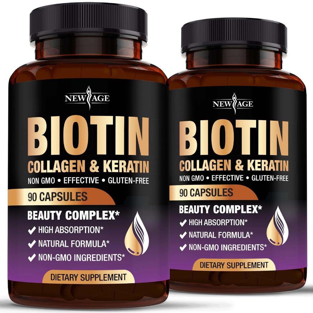 NEW AGE Biotin Collagen Keratin Hyaluronic Acid - 50,000mcg Hair Growth Vitamins for Men and Women, Nails, Hair, Skin Vitamins and DHT Blocker with Vitamin E Folic Acid Pumpkin Seed MSM- 180 Count