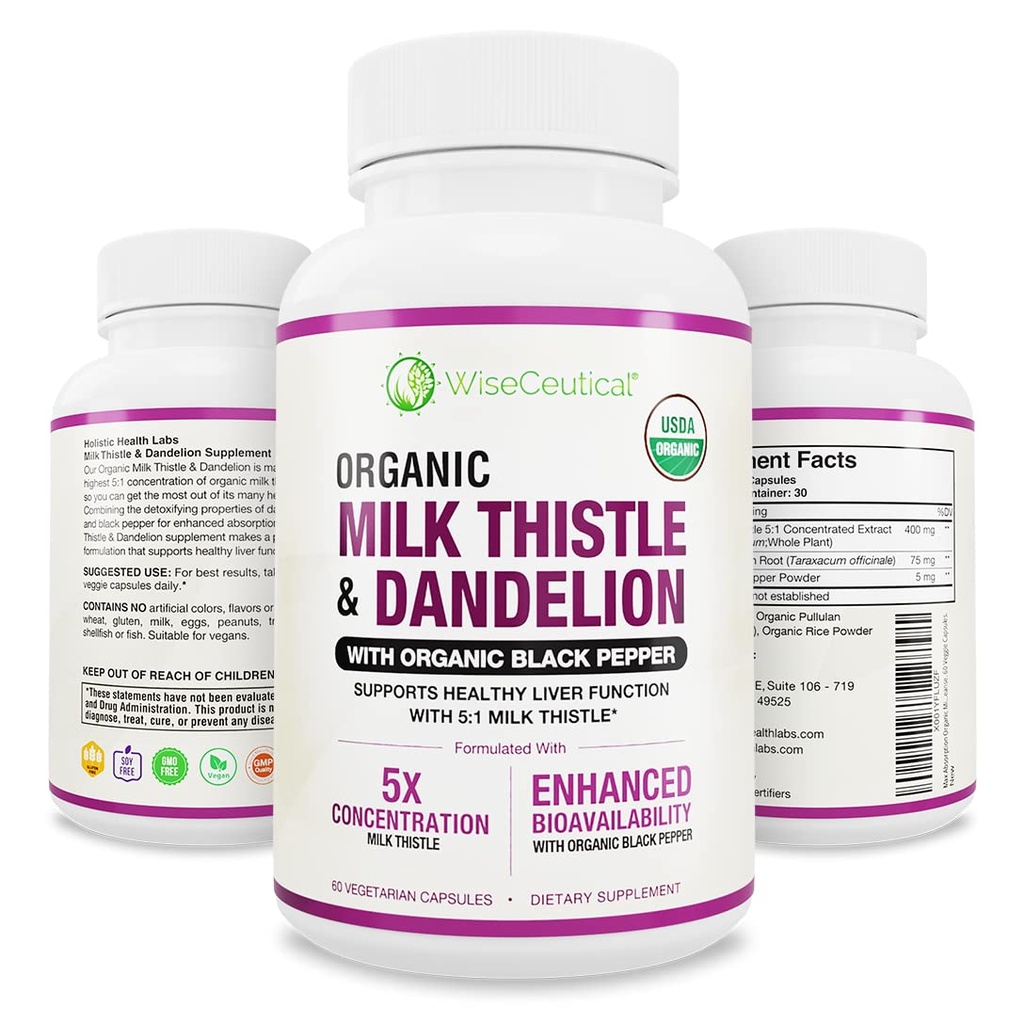 Max Absorption USDA Organic Milk Thistle Potent 5: 1 Koncentrerad extrakt (2000mg Styrka) & Organic Dandelion Root | Silymarin Antioxidant Flavonoid | Lever Support Supplement (60 greve av 1)