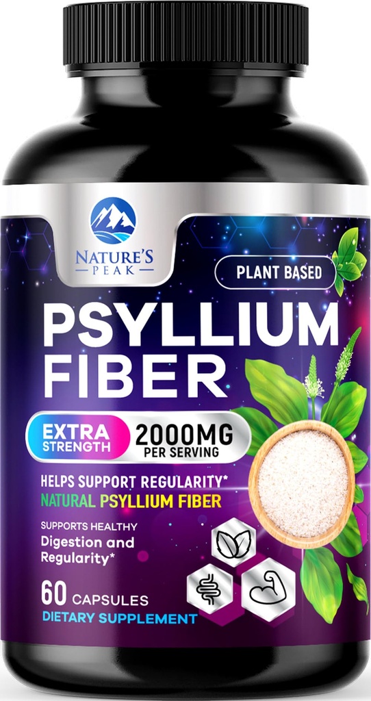 Psyllium Husk Fiber Supplement 1500mg - Vegan Prebiotic, Soluble Fiber för daglig Digestive Health & Regularity Support, Natural Psyllium Powder Caps, Sugar-Free, Non-GMO & Gluten-Free - 60 kapslar