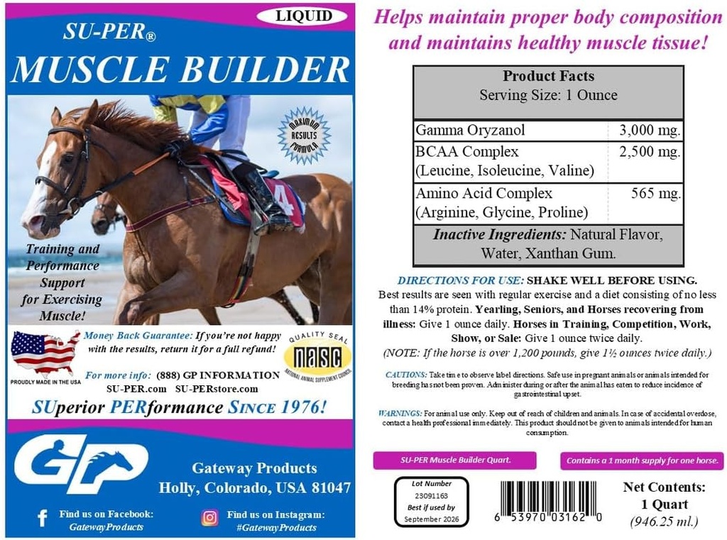 SU-PER Muscle Builder Horse Supplement - Utbildning och prestationsstöd för träning av muskler - 1 Gallon + Pump