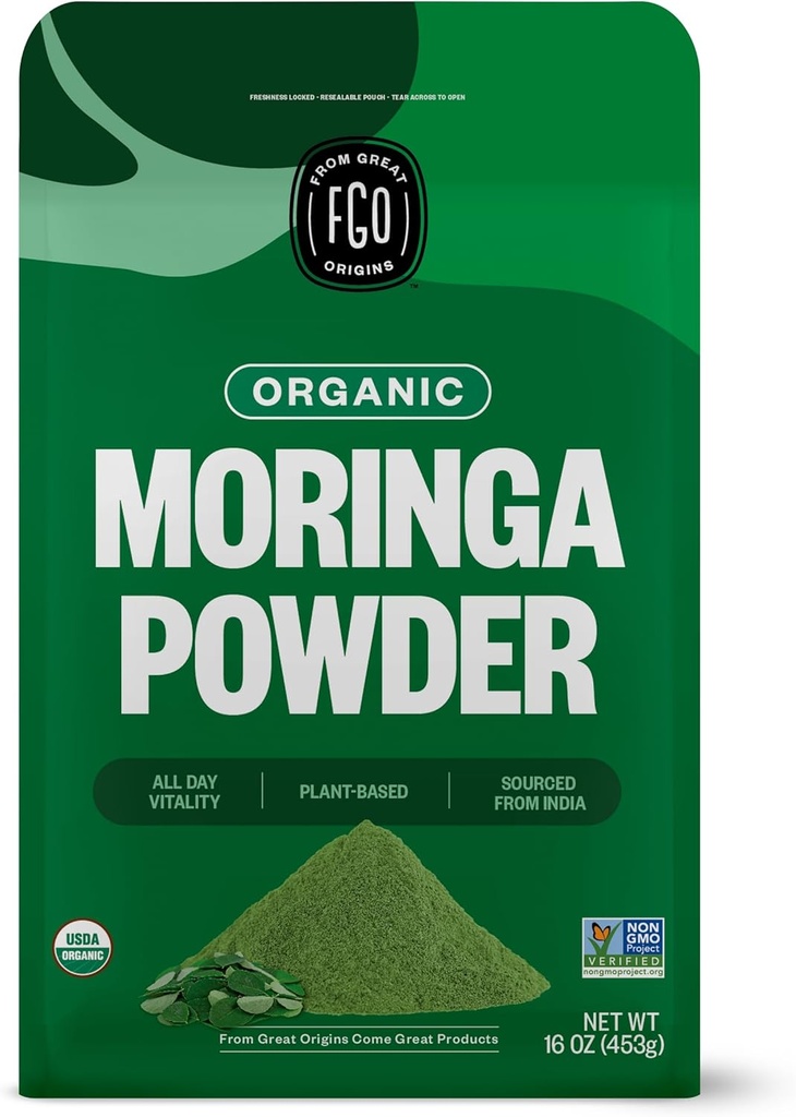 FGO Organic Moringa Oleifera Leaf Powder, 16oz Bulk Resealable Pouch, Källa från Indien, Icke-GMO, Packaging May Vary (Pack av 1)