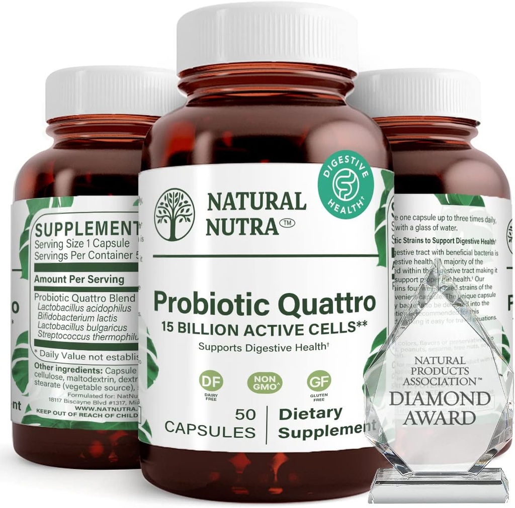 Natural Nutra Probiotic Quattro - Avancerad probiotisk tillskott med 4 kraftfulla stammar inklusive Lactobacillus Acidophilus, Bifidus - Stöder Digestive och Immune Health - 50 vegetariska kapslar