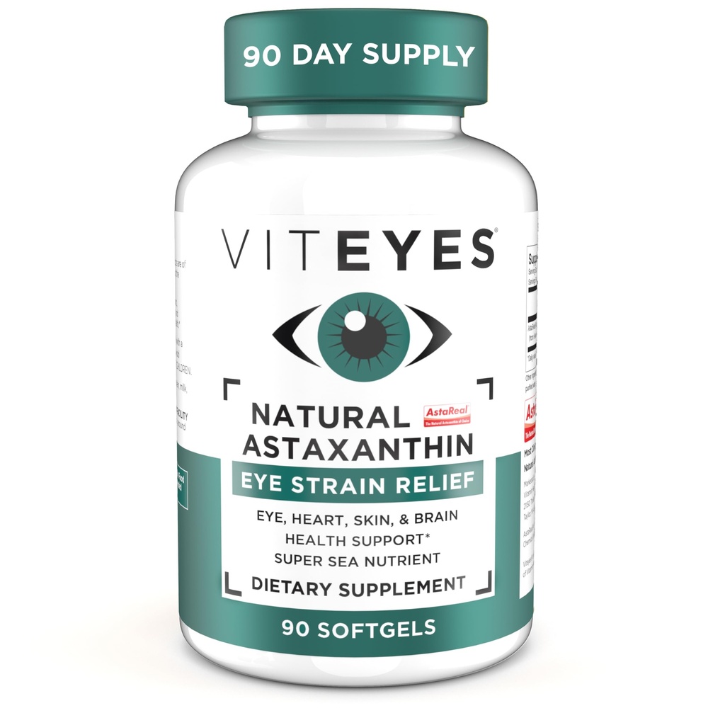Viteyes Natural Astaxanthin, Relieve Tired Eyes & Eye Strain, Sourced från Algae, Skin Hydration, Heart & Brain Health, 4 till 8 mg Natural Astaxanthin, 90 Softgels