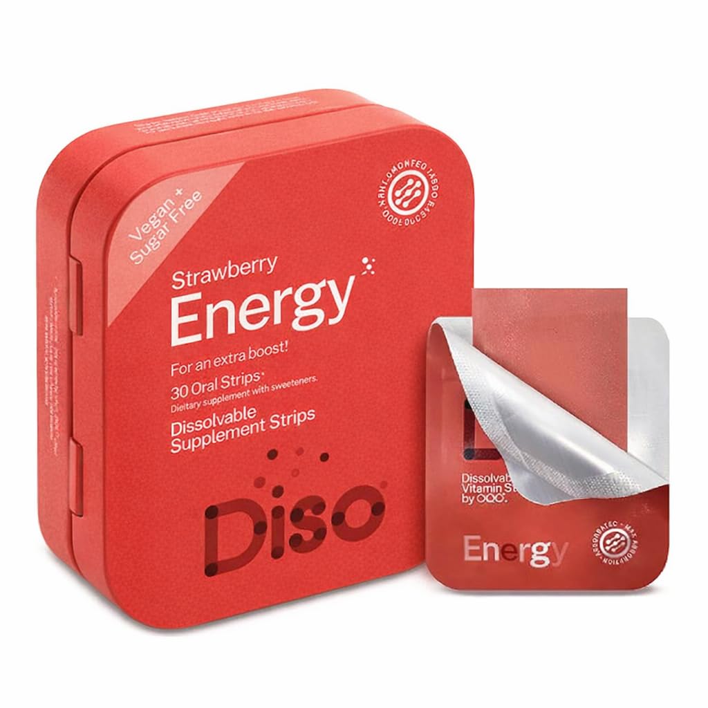DISO - Energi - Fast-Dissolving koffeinremsor med vitaminer, jordgubbsmak, Vegan, sockerfri, hög absorption, glutenfri, individuellt inslagen, 30 upplösbara remsor
