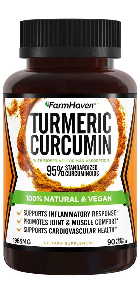 Gurkmeja Curcumin med BioPerine Black Pepper & 95% Curcuminoids, 1965mg, Maximum Absorption för gemensamt stöd, icke-GMO Turmeric Capsules, Made in USA - 90 Veg Caps