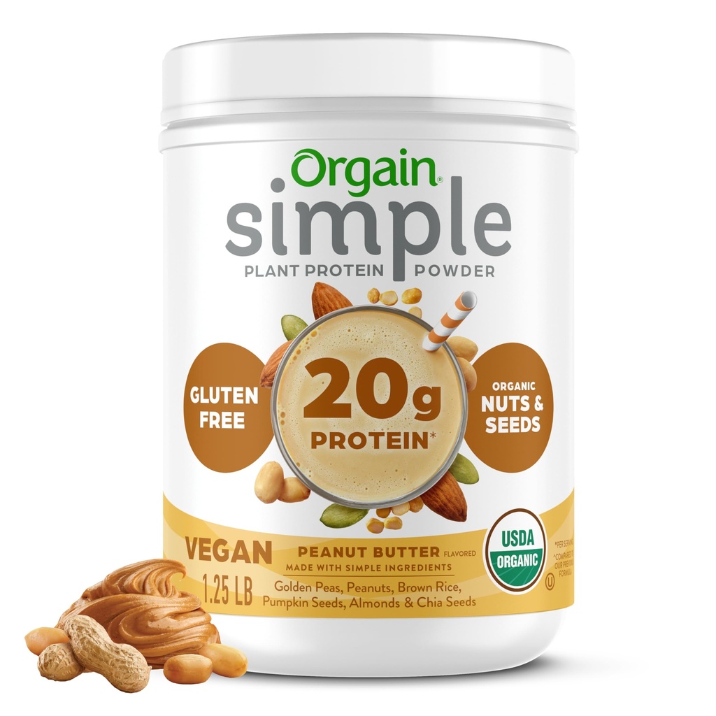 Orgain Organic Simple Vegan Protein Powder, jordnötssmör - 20g Plant Based Protein, Med mindre ingredienser, inga artificiella sötningsmedel, Gluten Free, No Dairy eller Lactose, 1,25 lb (Packaging May Vary)