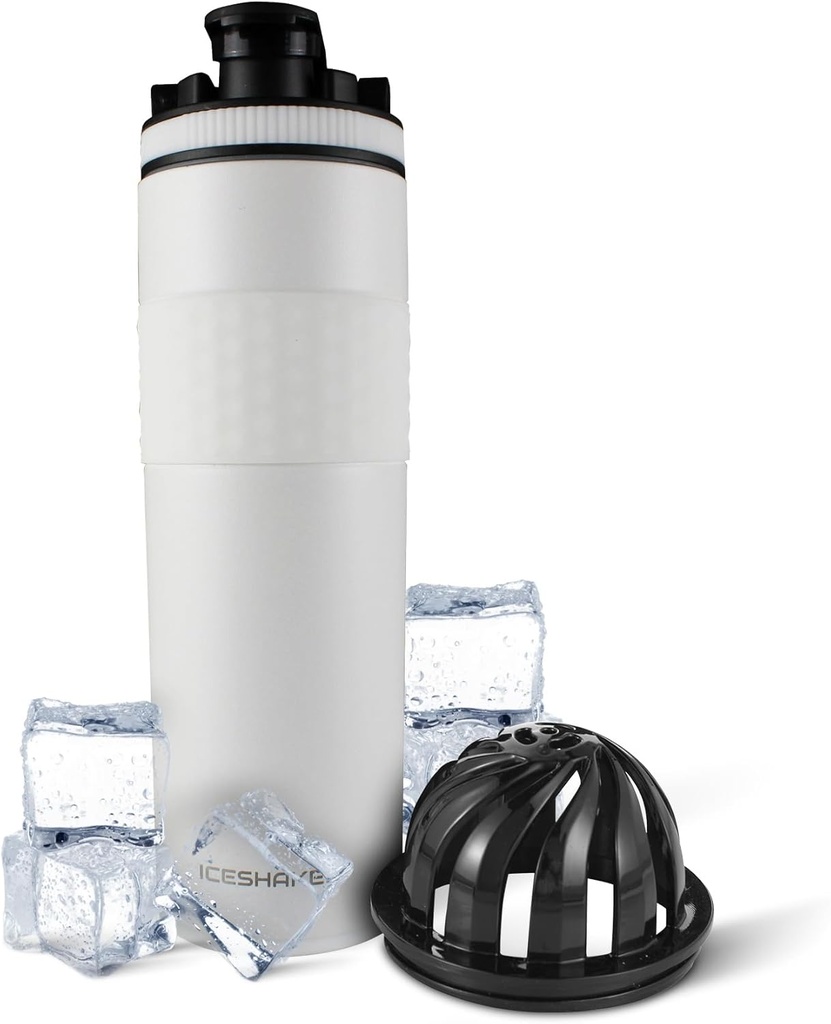 Ice Shaker Insulated Stainless Steel Shaker Bottle | 20 oz, White | Kall för 24 + timmar | Insulated Cup med Twist-on Agitator | Odor-Free Bottle för Protein Shakes, Vatten, Smoothies, Cocktails