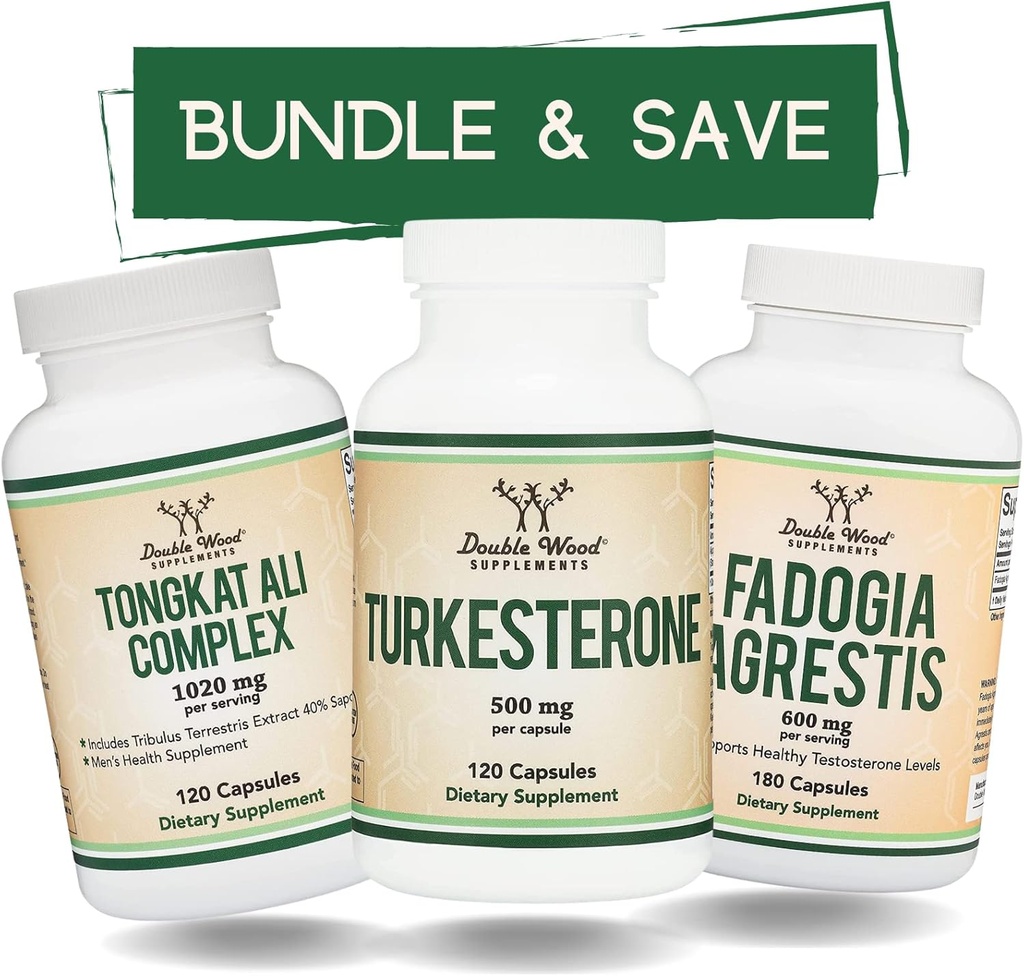 Double Wood Supplements Tongkat Ali, Fadogia Agrestis och Turkesterone Bundle - Ultimate Male Health Bundle för Athletic Performance Support