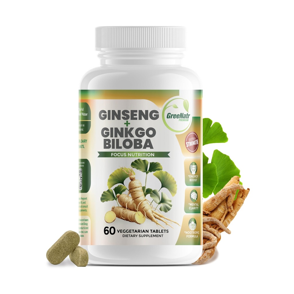 GreeNatr Ginko Biloba & Panax Ginseng Supplement - Red Ginseng Brain Supplement för minne och fokus - Ginkgo Biloba Supplements for Good Vision, Immune System and Improved Blood Flow - 60 tabletter
