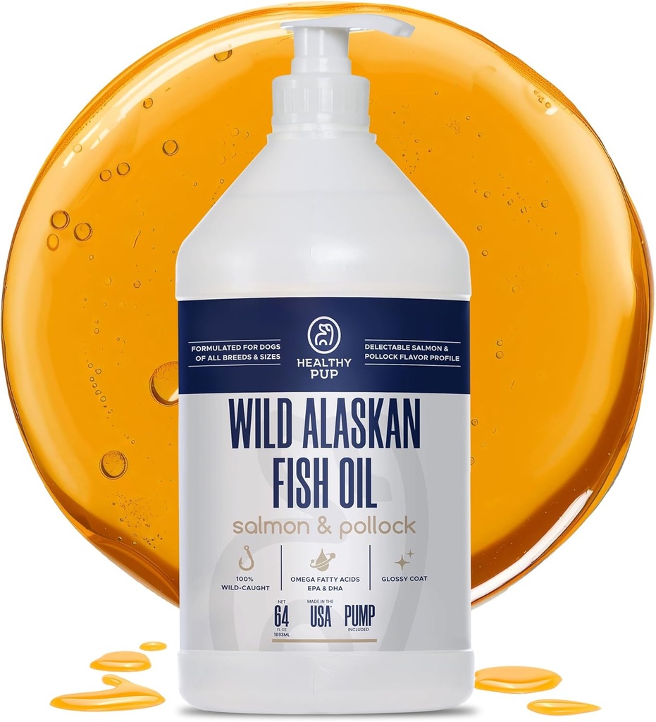 Wild Alaskan Salmon Oil for Dogs with Pollock - 64 oz of Pollock and Salmon Oil, Omega 3, EPA, and DHA - Dogs Skin and Coat Supplement - Made in USA