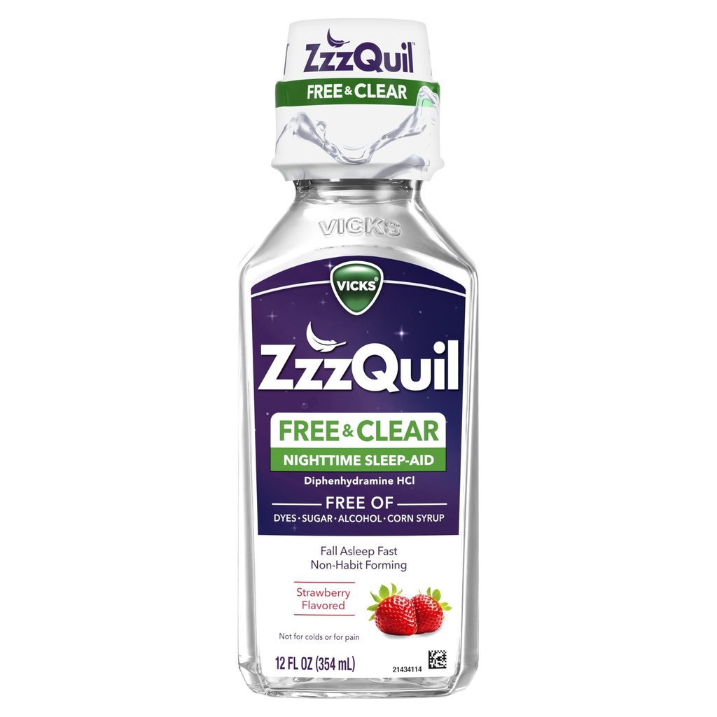 ZzzQuil, Nighttime Sleep Aid Liquid, GRATIS av alkohol och artificiella dyes, 50 mg Diphenhydramine HCl, No.1 Sleep Aid Brand, Fall Asleep Fast, Non-Habit Forming, Soothing Berry Flavor, 12 FL OZ