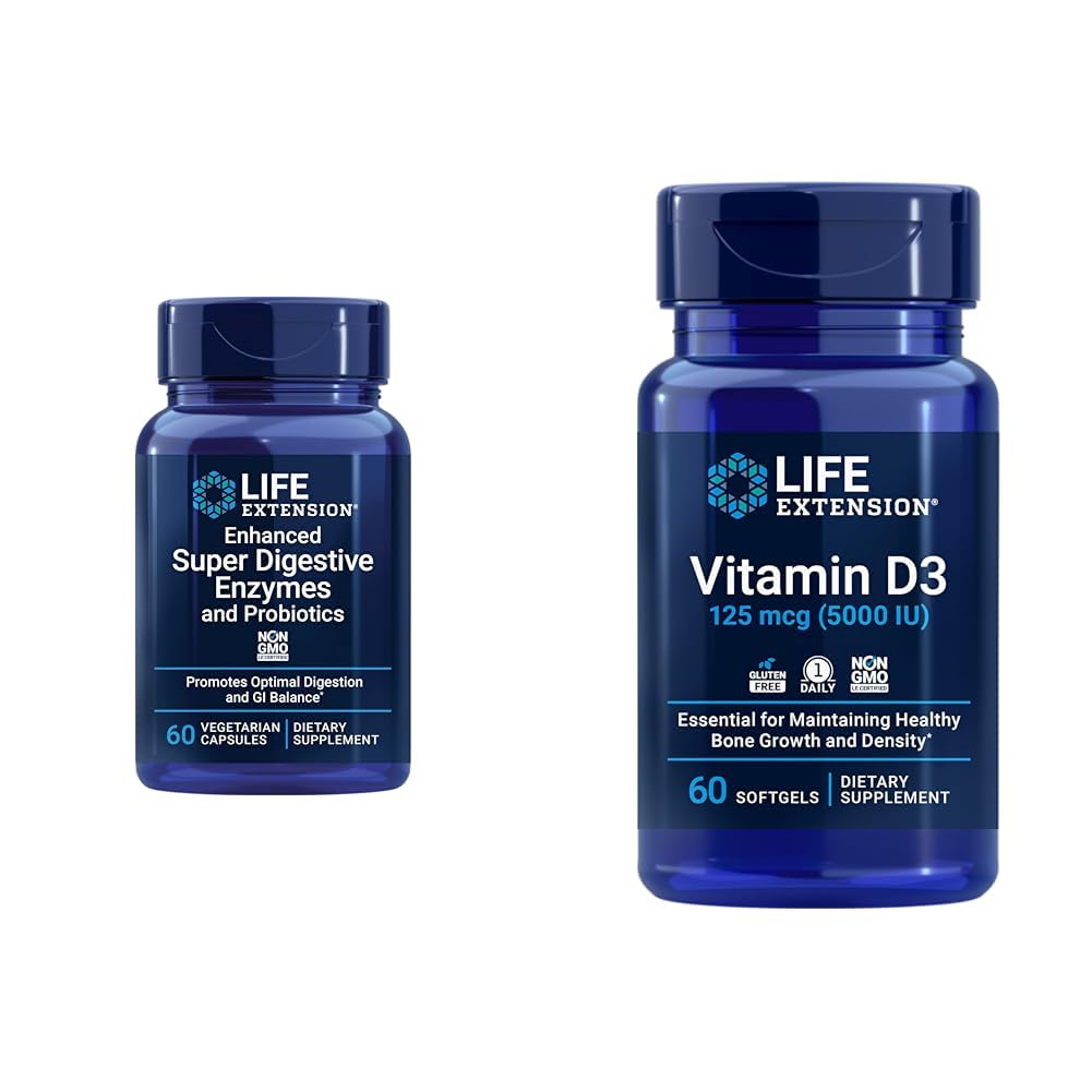 Life Extension 60-Count Super Digestive Enzymes & 5000 IE Vitamin D3 Capsules for Digestion, Bone, Brain, Immune Health