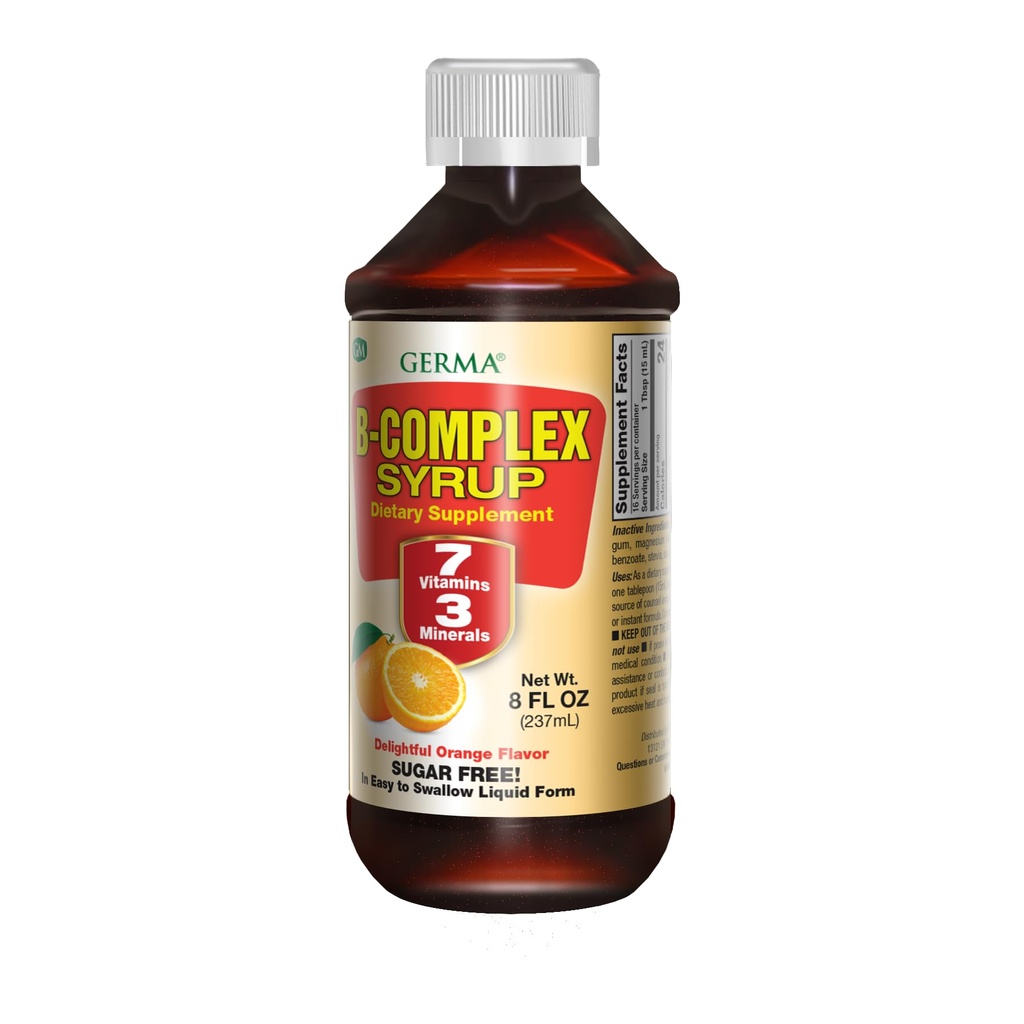 Germa B-Complex Syrup. Kosttillskott. Benhälsa, tillväxt och utvecklingshjälp. Sugar Free. Orange smak. 8 oz