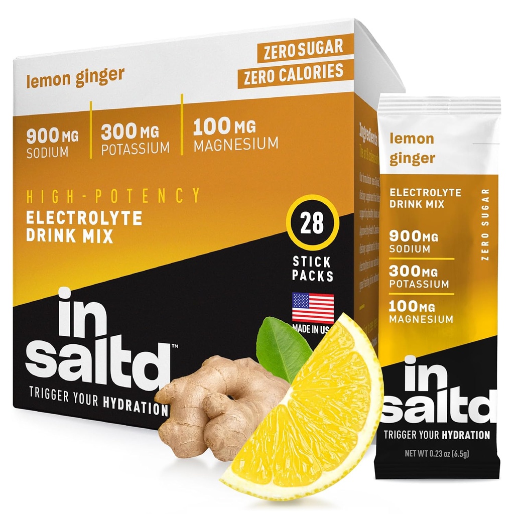 INSALTDTM Sugar-Free Electrolytes Powder Packets med No Stevia Aftertaste | High-Potency Hydration Packets | Keto Electrolyte Drinks | Intermittent Fasting Drink Mix | 28 Pack (Lemon Ginger)