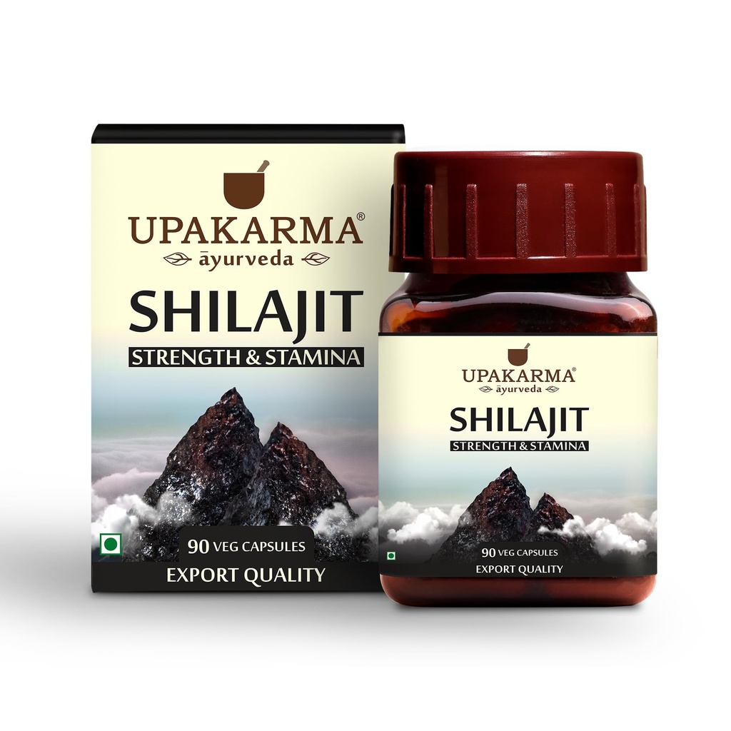 Upakarma Ayurveda 100% Pure Shilajit 90 Capsules for Strength,Stamina, Immune Support,Natural Source of Fulvic Acid & Trace Minerals-1000 MG för 2 kapsel (Daily Dosage), 45 dagars leverans - Pack med 1