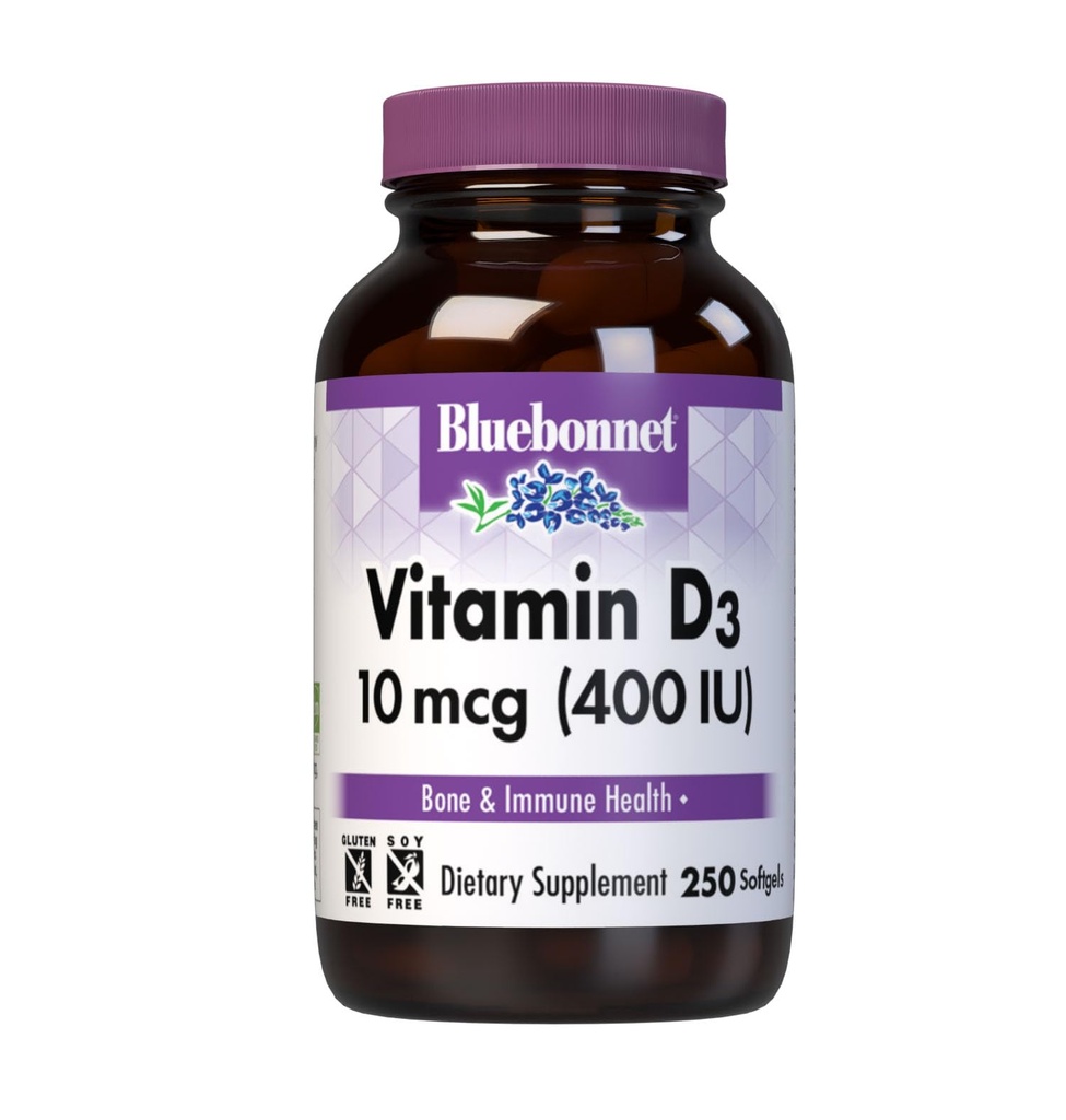 Bluebonnet Nutrition Vitamin D3 400 IE Softgels, Aids in Muscle and Skeletal Growth, Cholecalciferol från Fish Oil, Non GMO, Gluten Free, Soy Free, Dairy Free, 250 Softgels