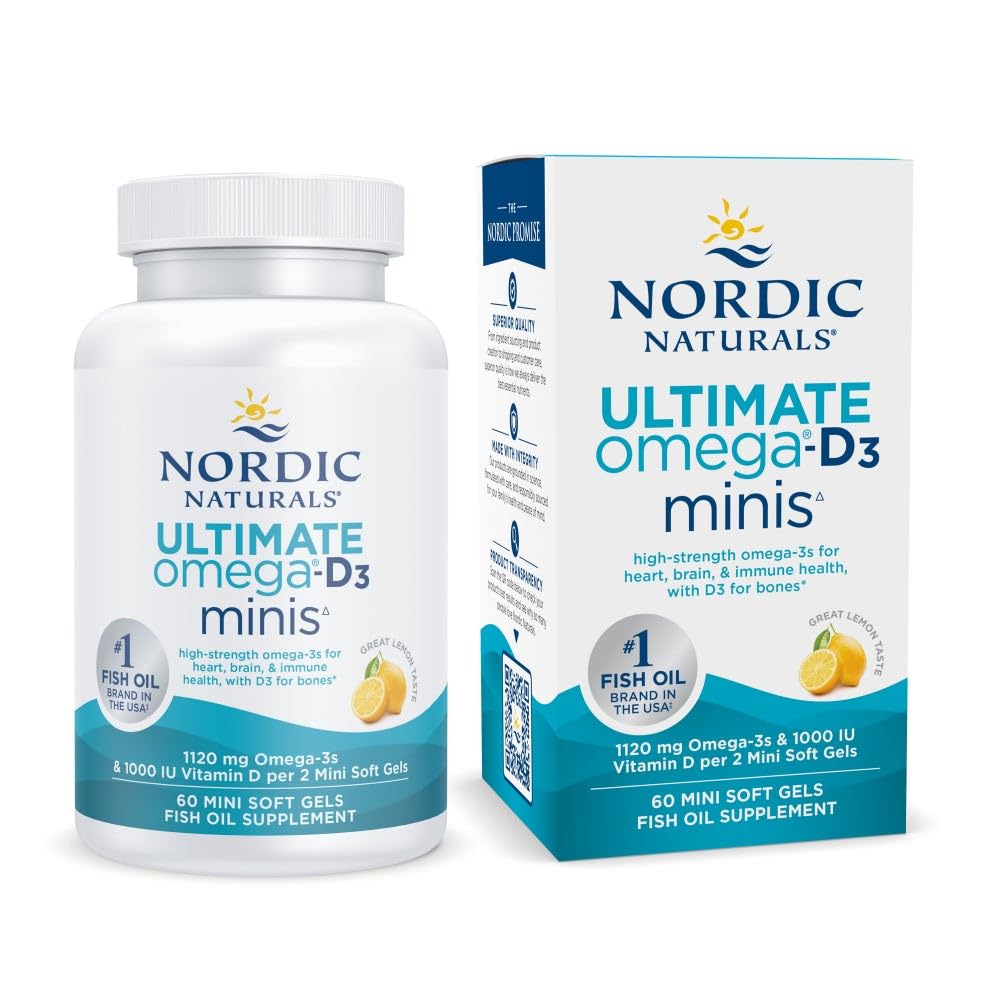 Nordic Naturals Ultimate Omega Mini D3, Lemon Flavor - 60 Mini Soft Gels - 1120 mg Omega-3 + 1000 IE Vitamin D3 - EPA & DHA - Främjar hjärn- och hjärthälsa - 30 portioner