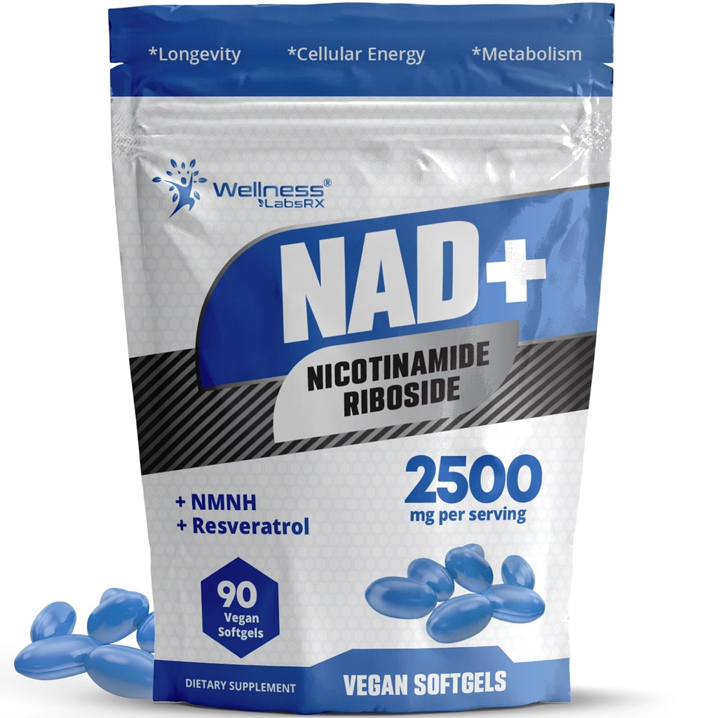 WELLNESS LABSRX Liposomal NAD+ Tillägg - Tredjepartstestade NAD Softgels Nicotinamide Riboside Resveratrol - 2500mg Liposomal NAD Supplements for Women - Longevity Support - Made in USA