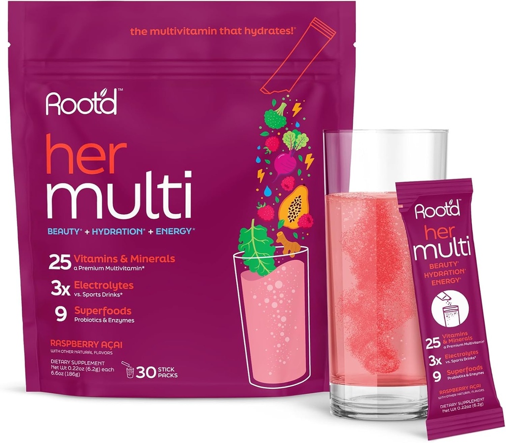Root'd Multivitamin Powder för kvinnor - 25 Vitaminer & Mineraler med 3X Electrolytes, 9 Organiska Superfoods, Probiotika & Enzymer, Sugar-Free Multivitamin & Hydration | 30 Vitamin Drink Mix Packets