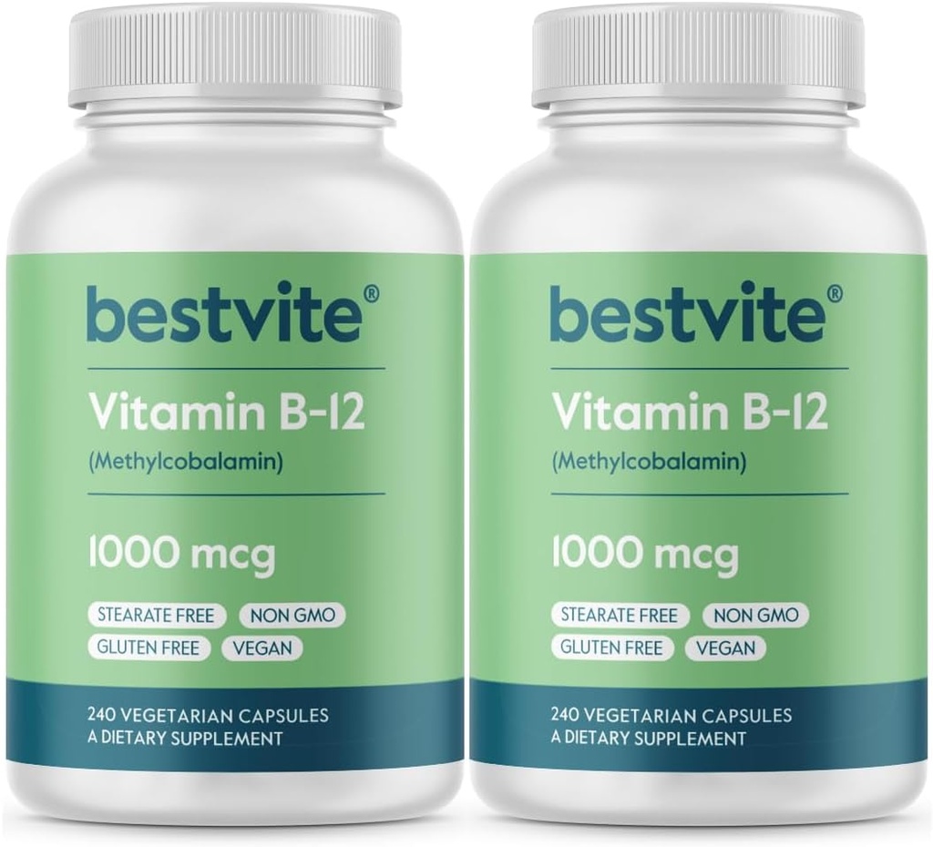 BESTVITE Vitamin B12 (Methylcobalamin) 1000mcg (480 Vegetarian Capsules)(2 x 240) (Methyl B12) - No Stearates - Vegan - Non GMO - Gluten Free