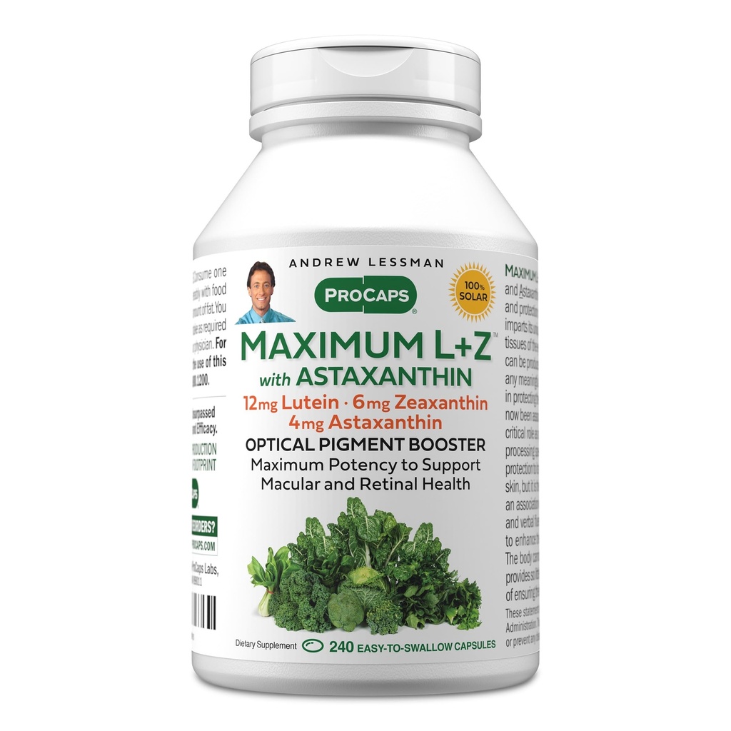 ANDREW LESSMAN Maximal L + Z med Astaxanthin 240 Softgels - 12mg Lutein, 6mg Zeaxanthin, 4mg Astaxanthin. Viktiga näringsämnen för att stödja ögon och hjärnhälsa och främja hälsosam vision.