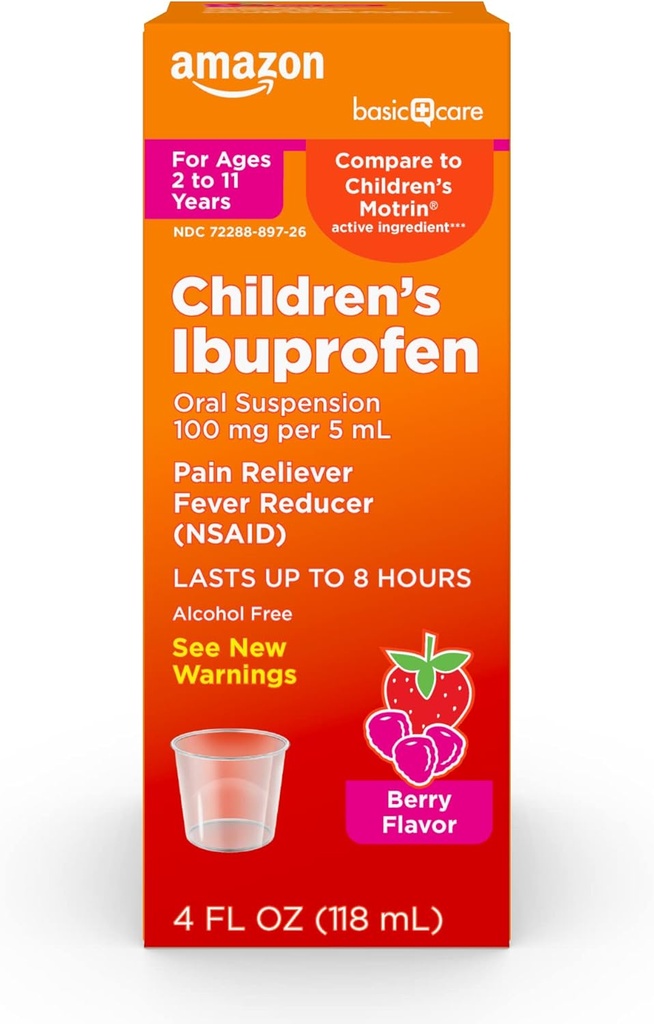 Grundläggande vård Barns Ibuprofen Oral Suspension 100 mg, Berry, 4 fl oz (Pack av 1)