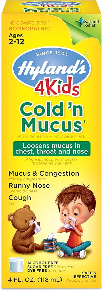 Hyland Cold Medicine for Kids Ages 2 och upp, Cold 'n Mucus Relief Liquid, Natural Relief of Mucus and Congestion, Runny Nose, Cough, 4 Ounces