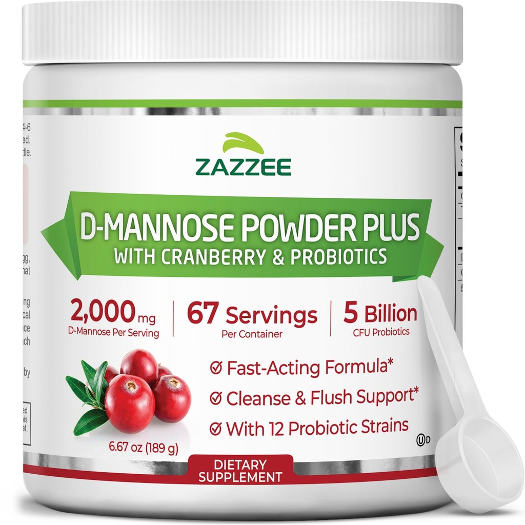 Zazzee D-Mannose Powder Plus, 2000 mg, 67 portioner, Potent & Fast-Acting, Plus 5 miljarder CFU Probiotika och Pure Cranberry Juice Extract, Kosher, Free Scoop, 6.5 Oz, Gluten-Free, Non-GMO All-Natural