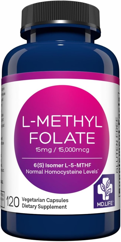 MD Life L-Methylfolat 15 mg Tillägg - Professional-Grade Active L Methylfolate Supplement - 120 kapslar - L-Methylfolat 15mg - Maximal Potens MTHFR W / Essential Amino Acids
