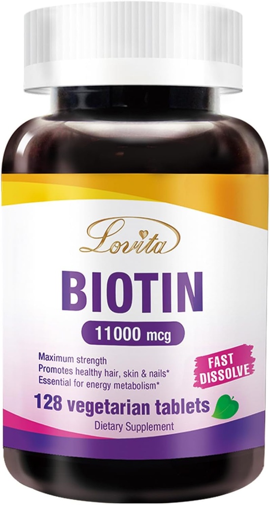 LOVITA Maximal Styrka 11.000mcg Biotin: Fast-Dissolving, Vegetariska tabletter - Lätt Absorberad, Gluten & Dairy-Free, 128 Veganvänliga tabletter