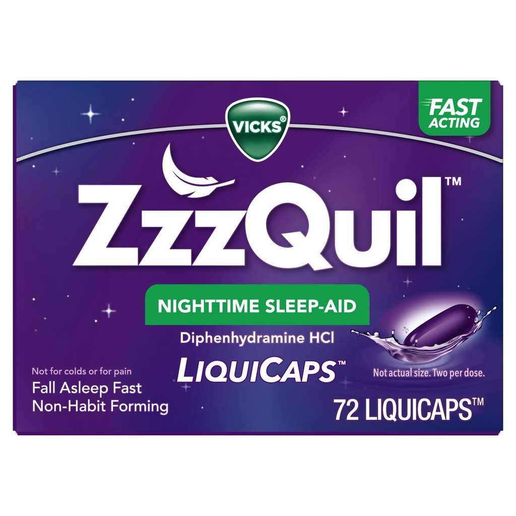 ZzzQuil LiquiCap Sleep Aid, Diphenhydramine 25mg HCl, sömnhjälpmedel för vuxna, nattlig sömnhjälp, 72 LiquiCaps