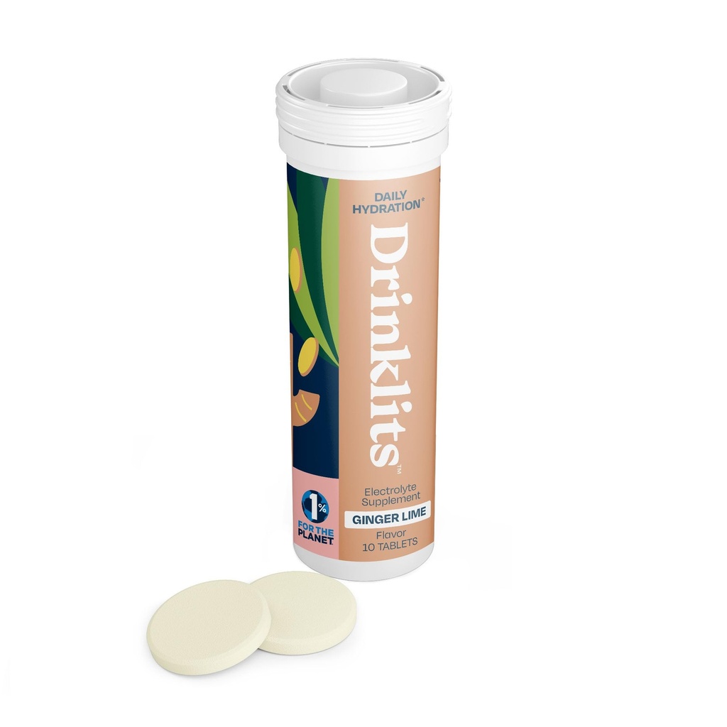 Drinklits Ginger Lime Electrolyte tabletter för Hydration | Stor smak - 0g socker - Essential Electrolytes - Daglig användning | Single Tube (10 tabletter / portioner)