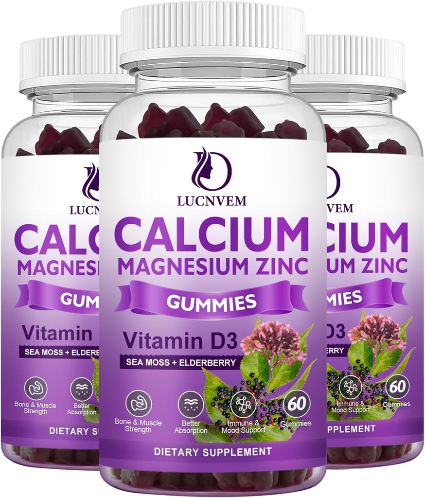 Calcium Magnesium Zink Gummies witn Elderberry och Sea Moss, Calcium Magnesium 2:1, innehåller Magnesium Glycinate, Vitamin D3, för ben, muskler, lugn humör och sömnstöd, 60 Gummies (3 Packs)