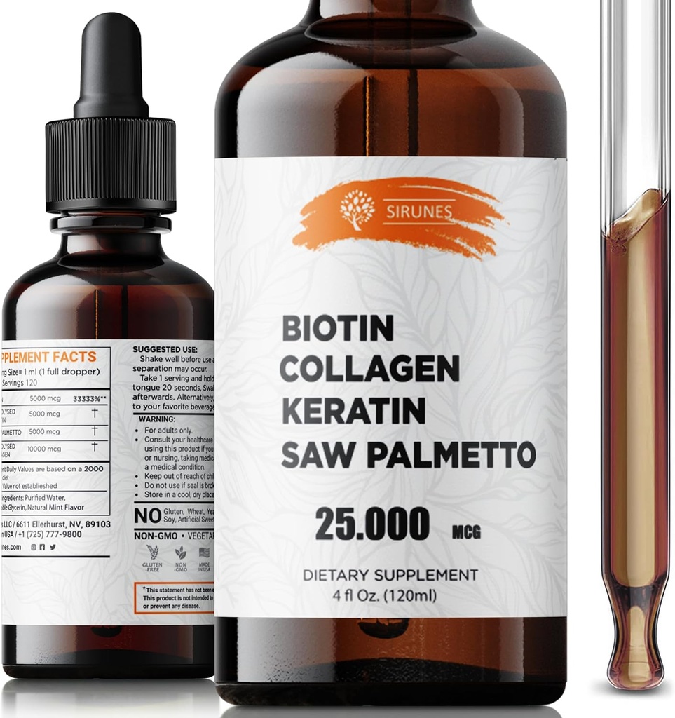 Liquid Biotin och Collagen - Hair, Skin & Nails Supplement med 10 000 mcg Collagen, 5 000 mcg Biotin, 5 000 mcg Keratin & Saw Palmetto - Made in USA, 4 fl oz