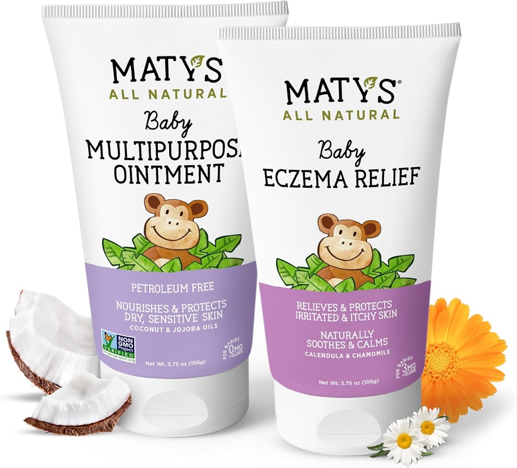 Matys Baby Eczema & Multipurpose Ointment 2pk Combo för spädbarn 3 månader +, Soothe Eczema & Nourish Dry Skin, Steroid/Petroleum fri, 3.75oz varje Tube