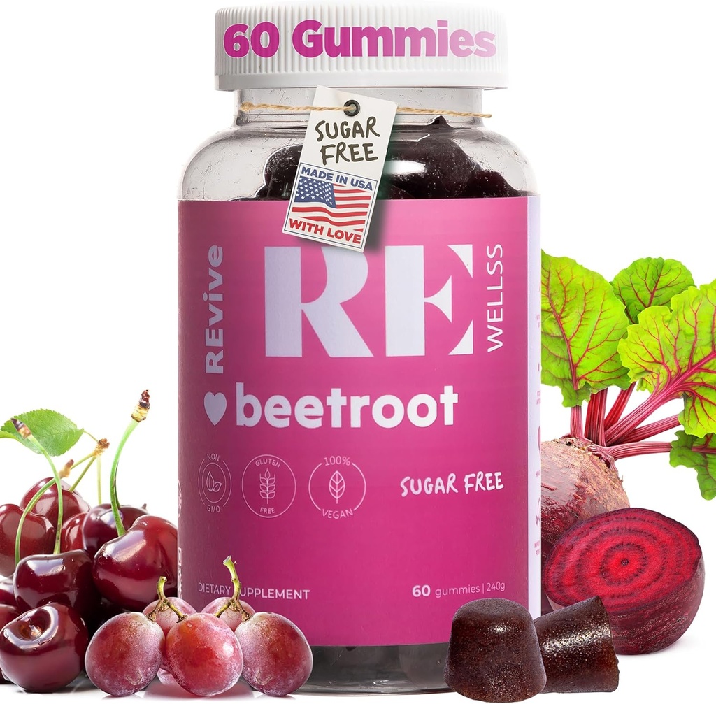 Beet Root Gummies med Grape Seed Extract Energy Supplements I Sugar Free Nitric Oxide Supplements for Men & Women I Overall Health & Blood Pressure Support I 60 Gummies - Cherry Flavor