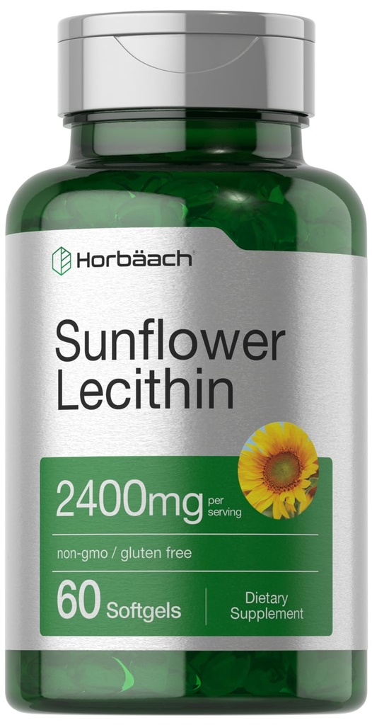 Horbäach Sunflower Lecithin Softgel Capsules | 2400mg | 60 piller | Naturligtvis förekommer fosfolipider | Non-GMO, Gluten fri tillägg