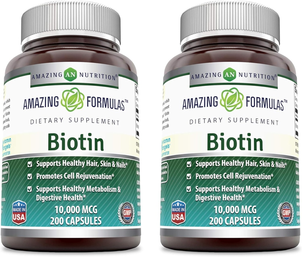 Amazing Formulas Biotin 10000 mcg Veggie Capsules | Vitamin B7 Supplement | Non-GMO | Gluten Free | Made in USA (200 Count | 2 Pack)