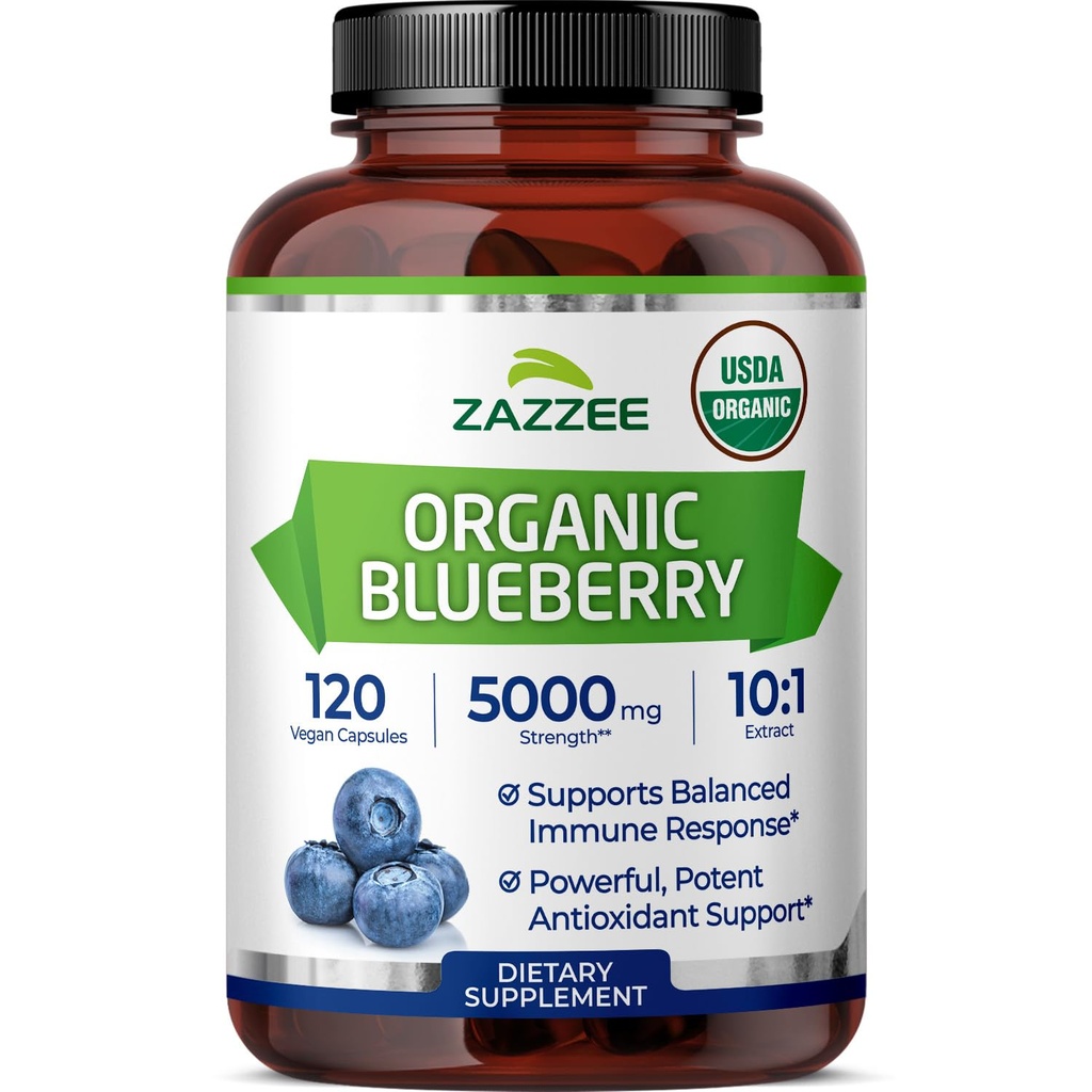 Zazzee USDA Organic Blueberry 10:1 Extract, 5000 mg Styrka, 120 Vegan kapslar, 4 månaders leverans, koncentrerad och standardiserad 10X hel frukt extrakt, 100% vegetarisk, icke-GMO, tillverkad i USA
