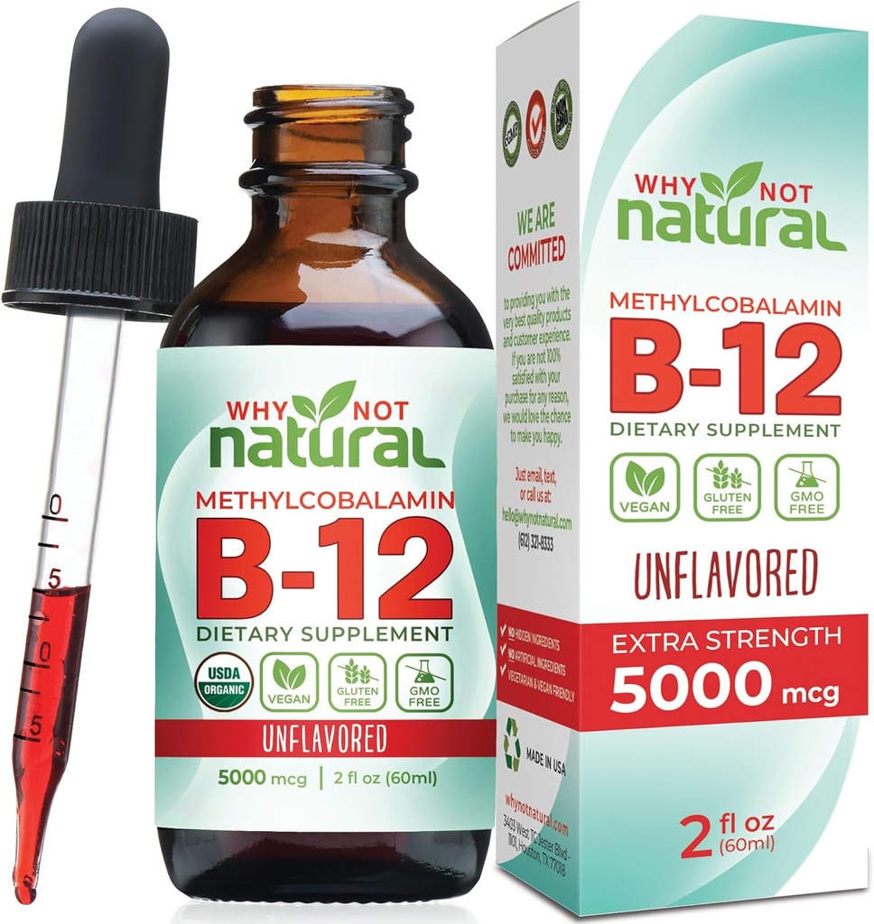 Varför inte naturligt organiskt vitamin B12 flytande - sublingual extra styrka 60 x 5000 mcg Methylcobalamin Drops, Vegan, Maximera Absorption och energi