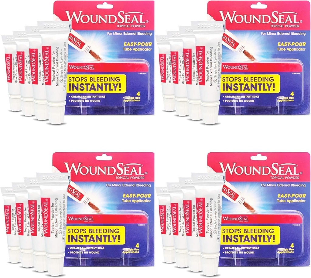 WoundSeal Powder 4 Varje (Pack of 4) - Wound Care First Aid för skär, skrapor och abrasioner - slutar blöda på sekunder utan stygn eller bandage