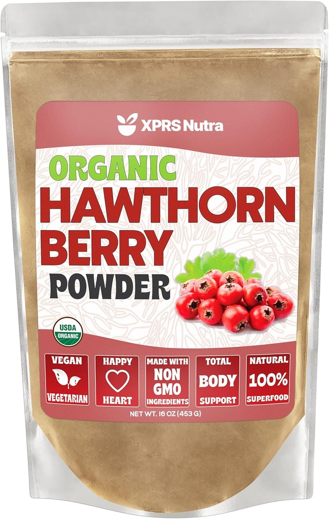 XPRS Nutra Organic Hawthorn Berry Powder - Premium USDA Organic Hawthorne Berry Powder för kardiovaskulärt stöd - Vegan Friendly Hearth Health Supplement (16 Ounce)