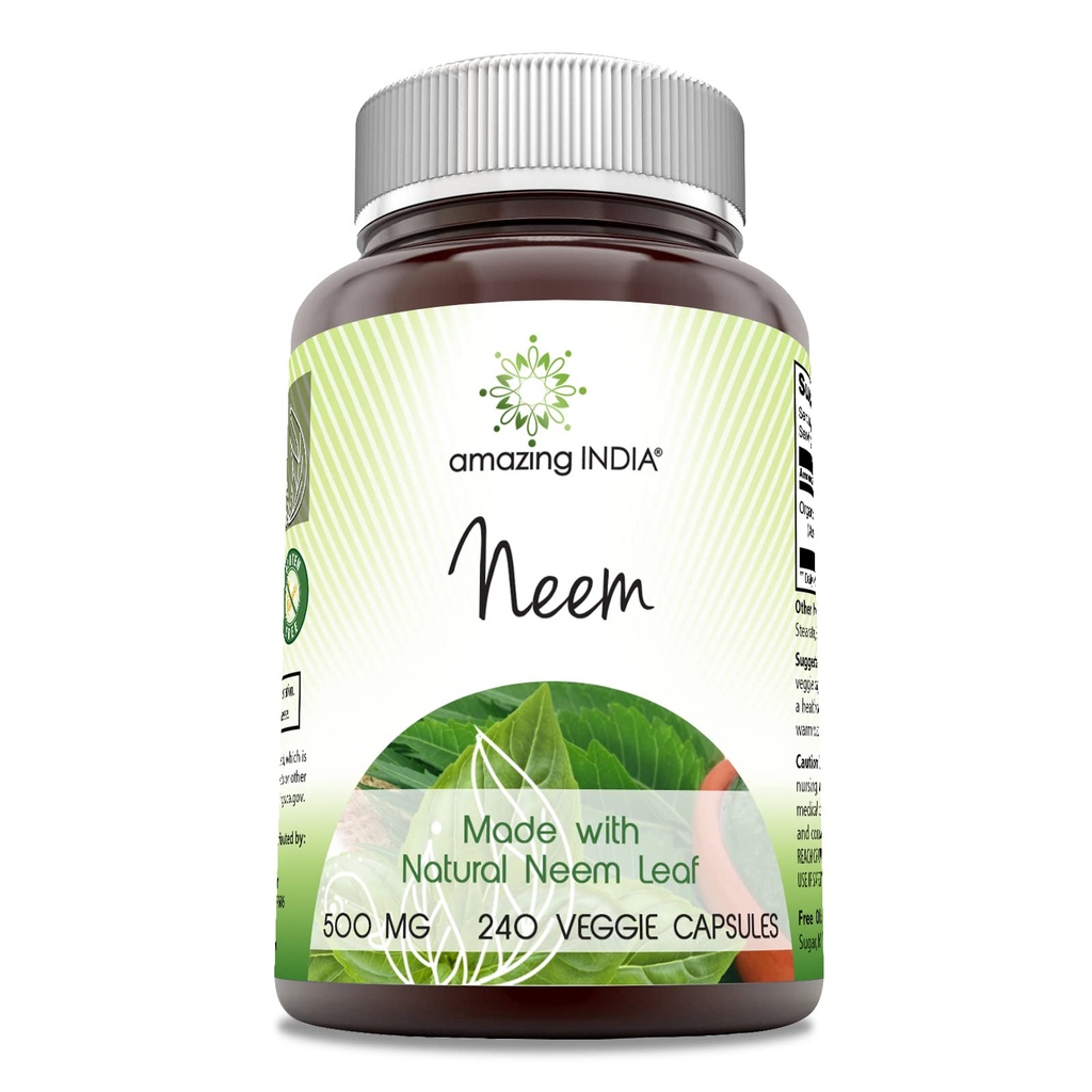 Fantastisk Indien Neem (Made with Natural Neem Leaf) 500 mg Veggie Capsules Supplement | Icke-GMO | Gluten Free | Made in USA | Lämplig för vegetarianer (240)