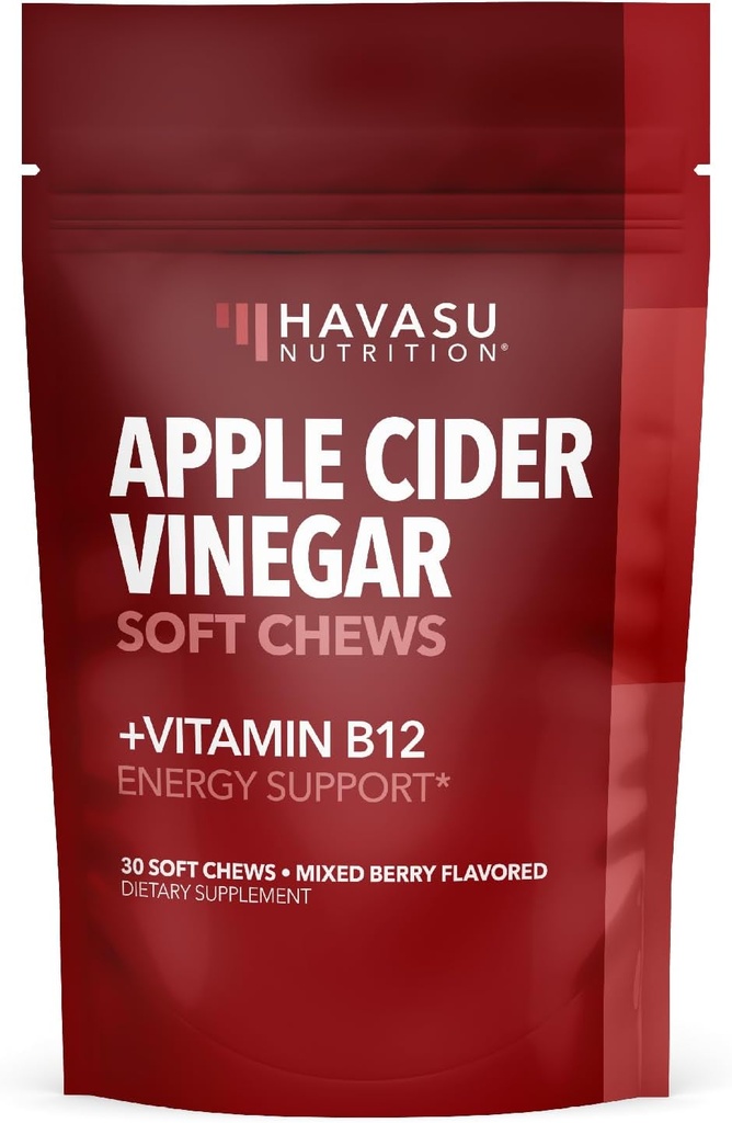 Apple Cider Vinegar Chews med vitamin B12 och folat - Bekväma ACV-tillskott för energi och matsmältningshälsa - 30 greve - Individuellt inslagna - Mixed Berry Flavor, Vegan - 1 månads leverans
