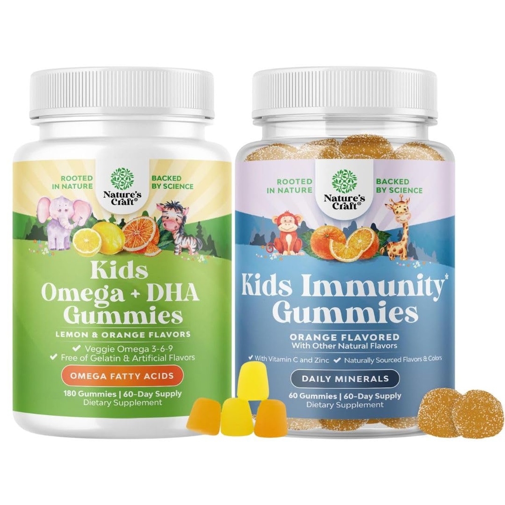 Bundle of Omega DHA Gummies for Kids - Fatty Acids Omega 3 6 9 med vitamin C för hjärna, immunitet och vision och barn Immunity Support Gummies - Utsökt vitamin C med Zink & Echinacea Immune Booster