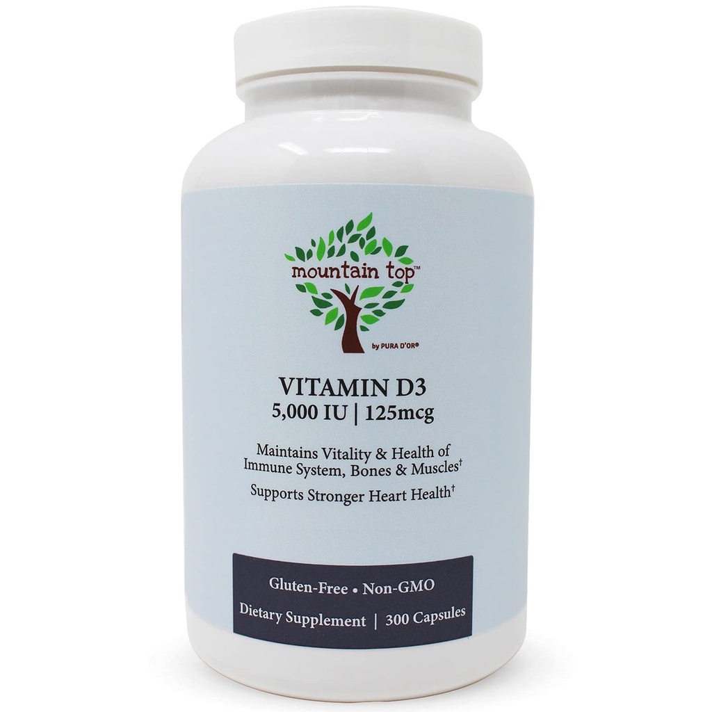 MOUNTAIN TOP Vitamin D3 5000 IE 125mcg kapslar (300 greve) hjälper till att stödja immunhälsa, starka ben och tänder, och muskelfunktion - icke-GMO, glutenfri